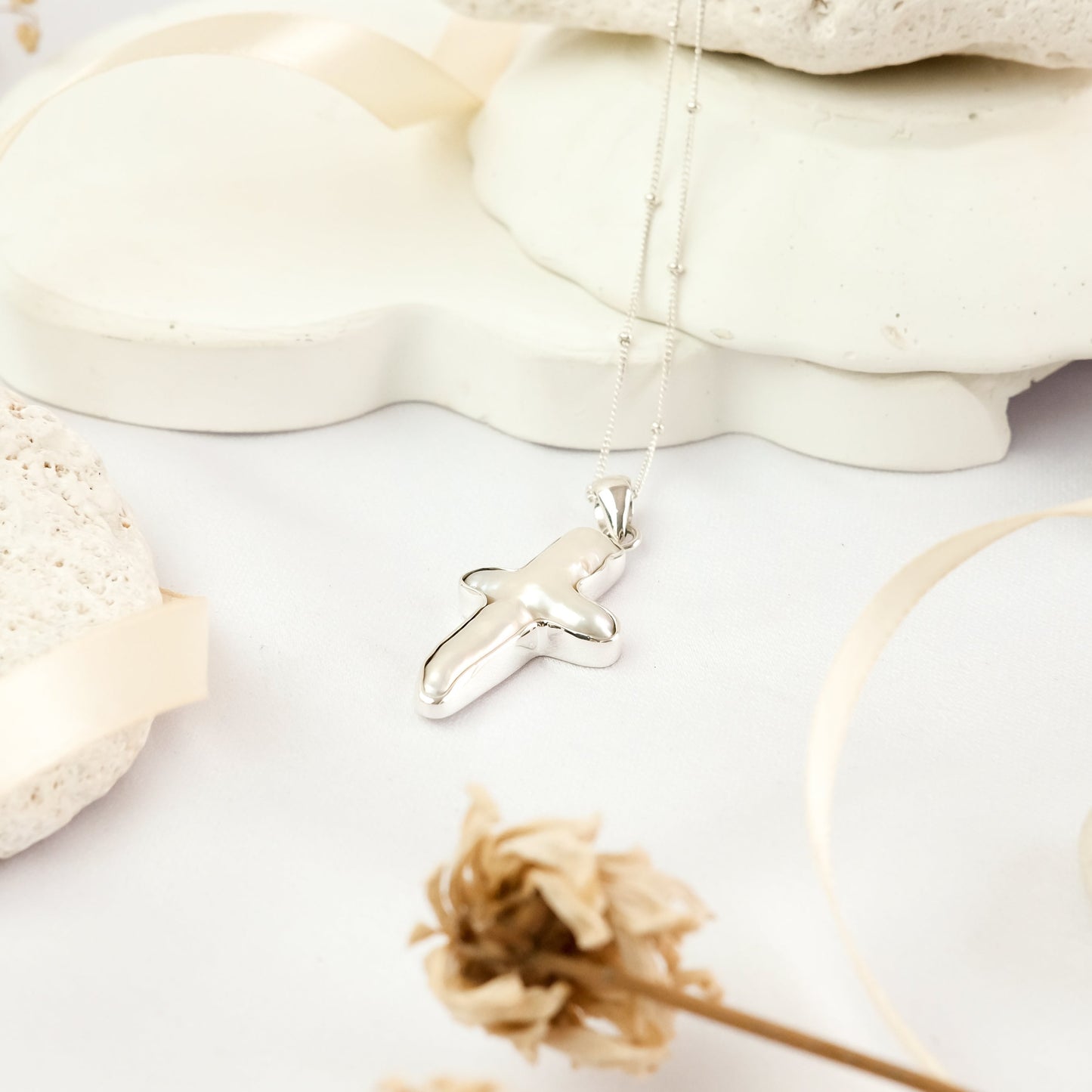 Biwa Pearl Cross Pendant